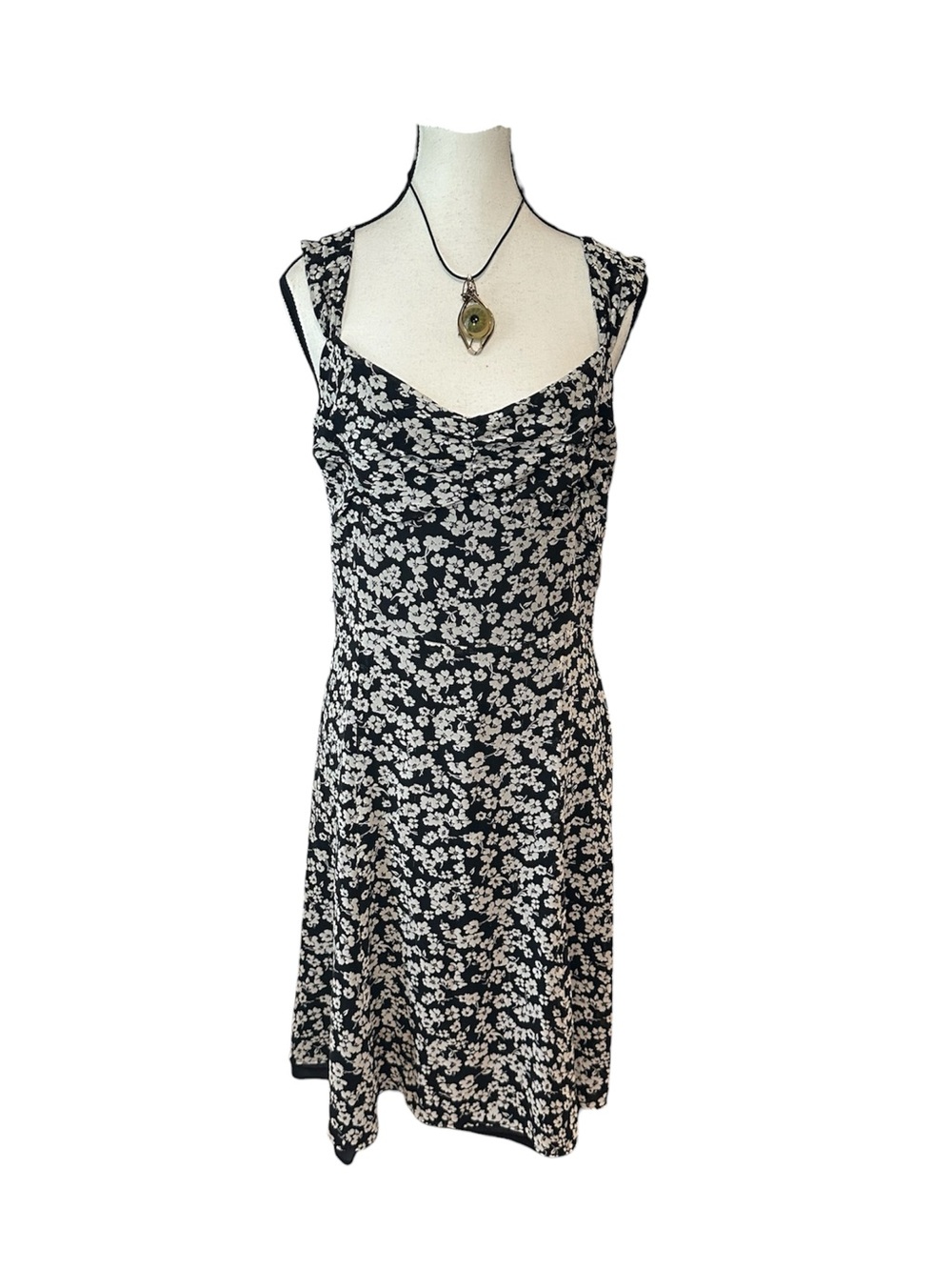 Black and White Floral Midi Dress with Sweetheart Neckline
